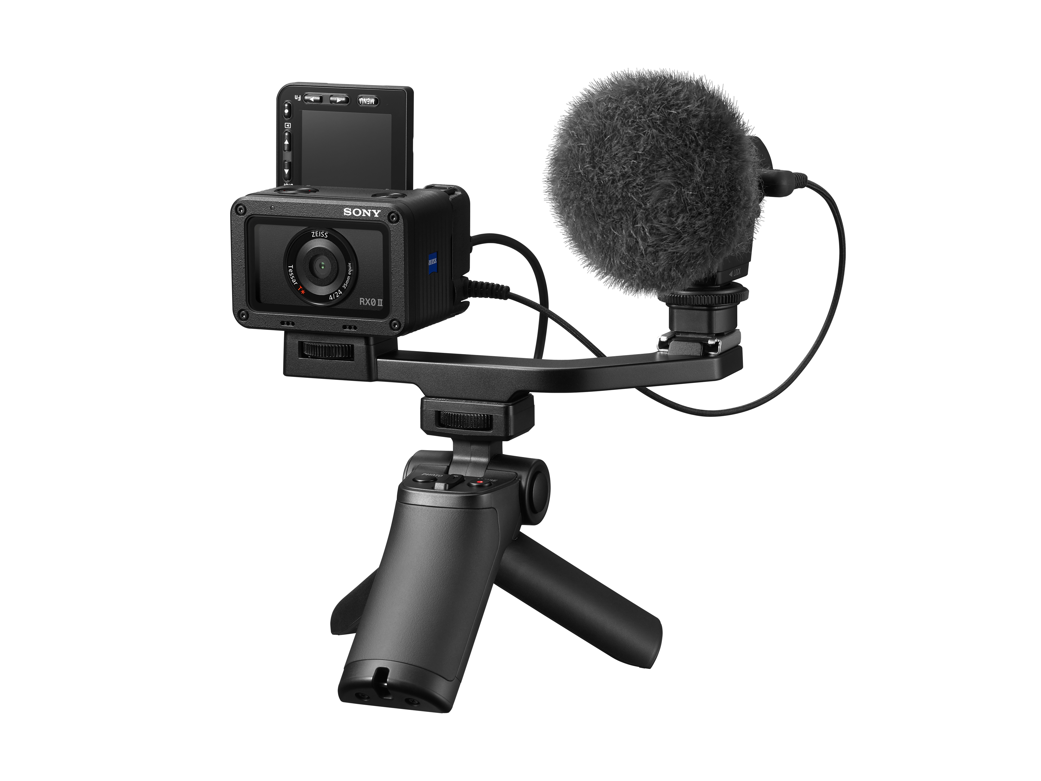 Sony ZV-E10 Kamera auf einem Stativ montiert. Verfügt über ein Mikrofon und einen Bildschirm.