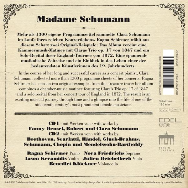 CD-Cover mit Text über Clara Schumann, mit Künstlern und Musikdetails.