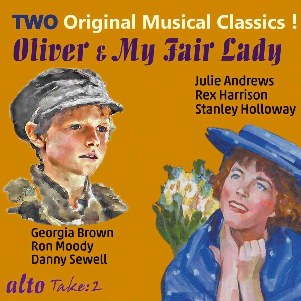 Poster für Musicals 'Oliver & My Fair Lady'. Zeigt zwei Porträts und Namen von Schauspielern.