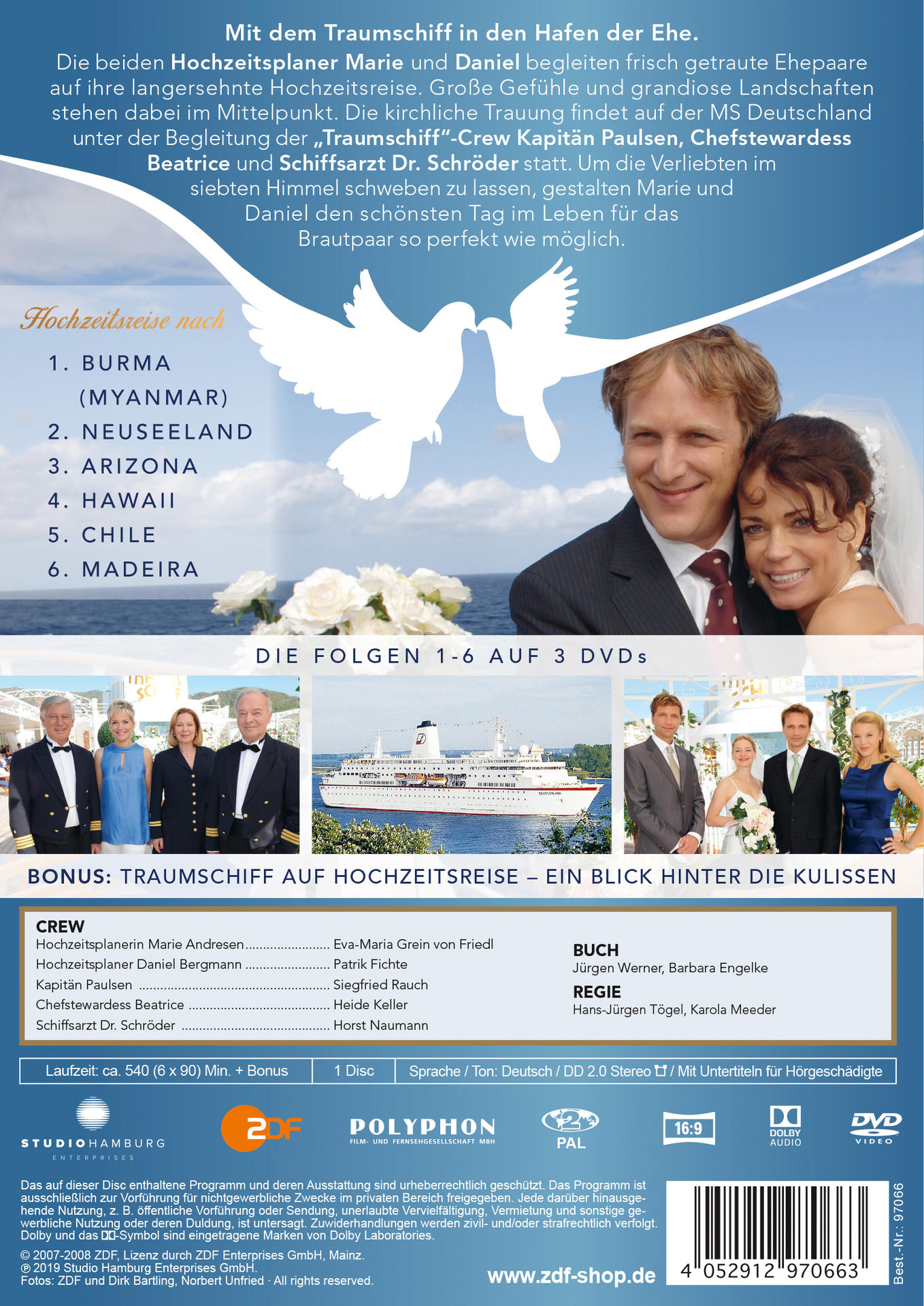 DVD-Cover mit einem Paar, einem Kreuzfahrtschiff und Text in mehreren Sprachen, der den Film bewirbt.