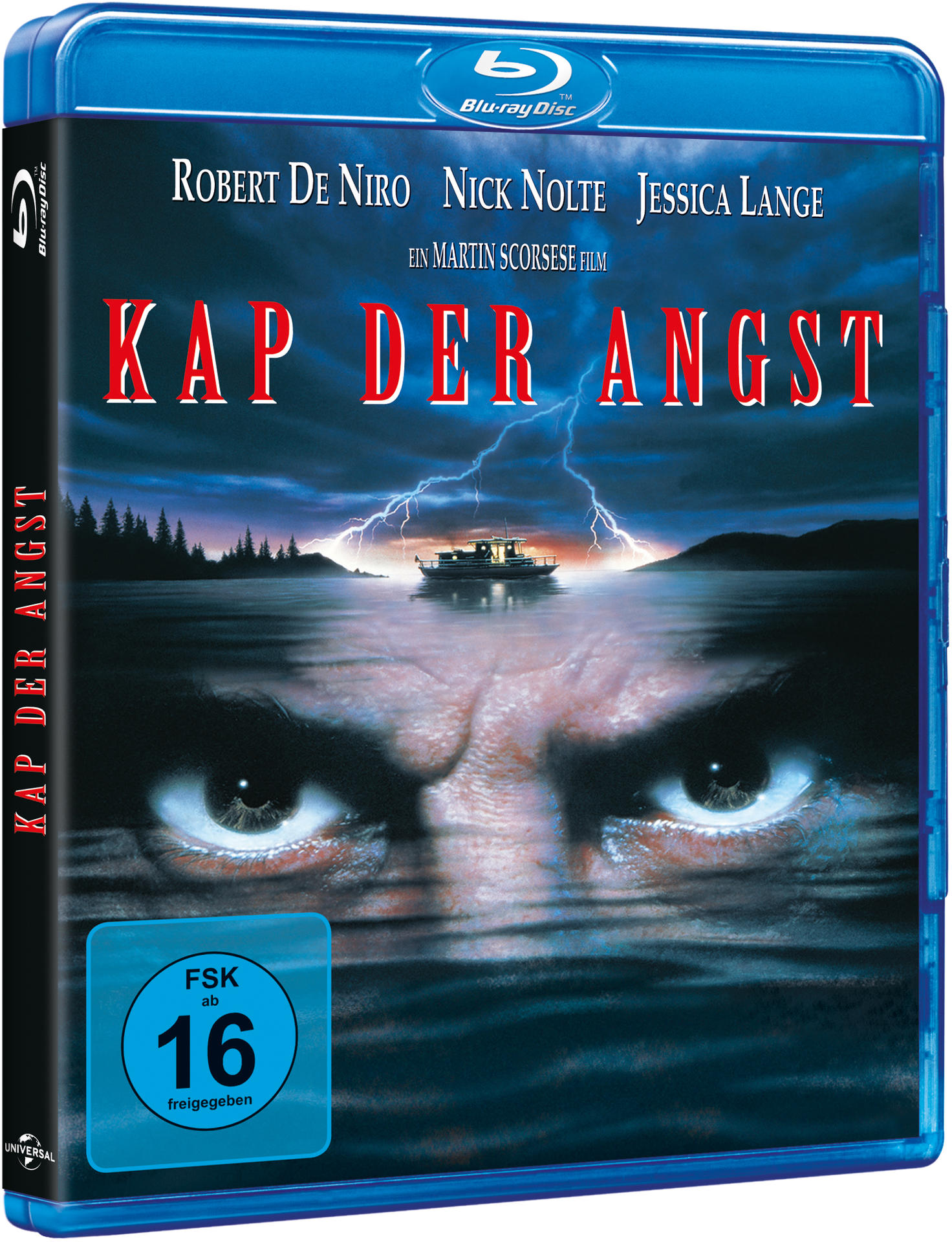 Blu-ray-Cover: Filmszene mit Boot auf dem Wasser, Augen im Wasser und Filmtitel.