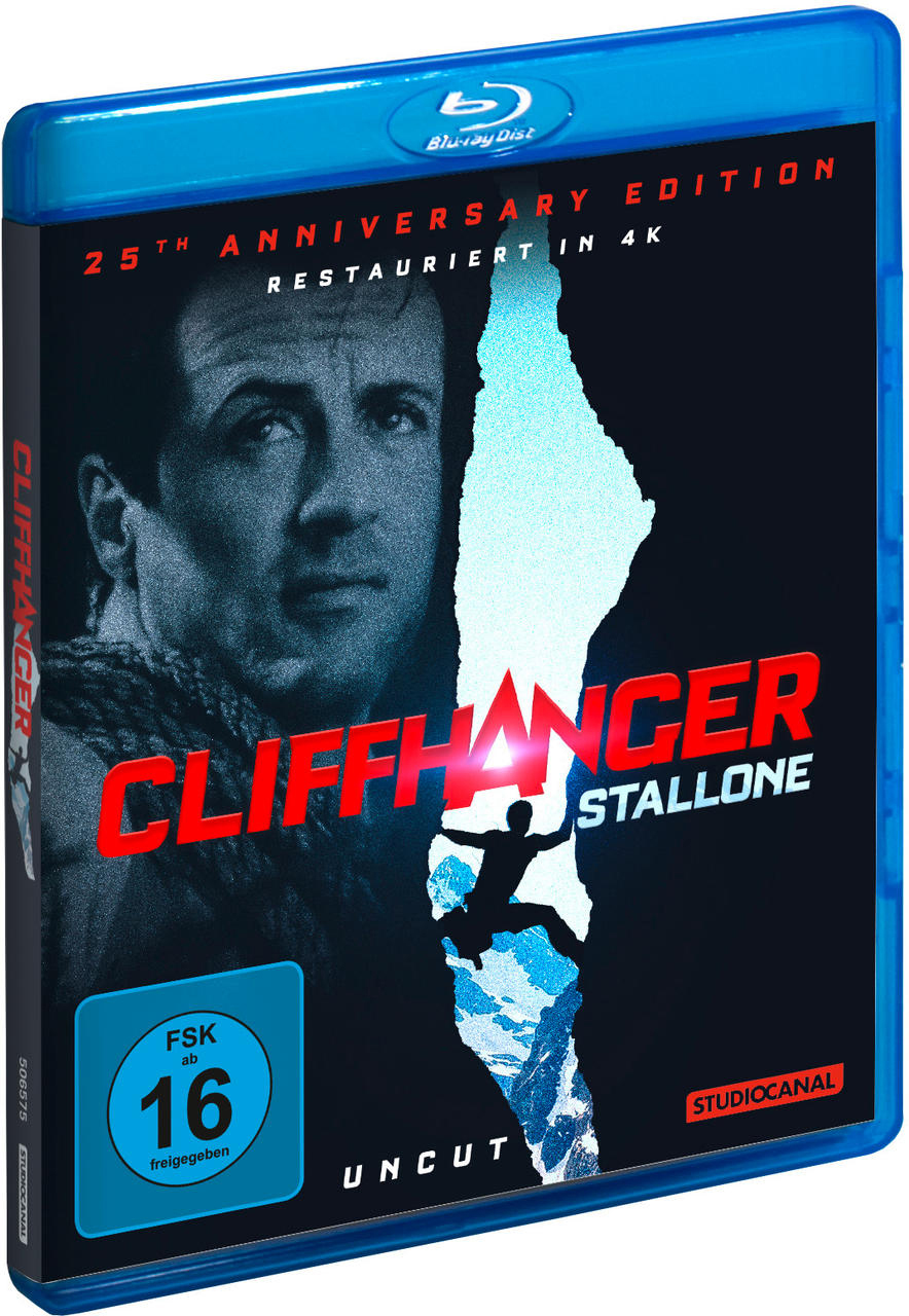 Blu-ray-Disc-Hülle. Zeigt Sylvester Stallone auf dem Cover von Cliffhanger in Blau und Schwarz.