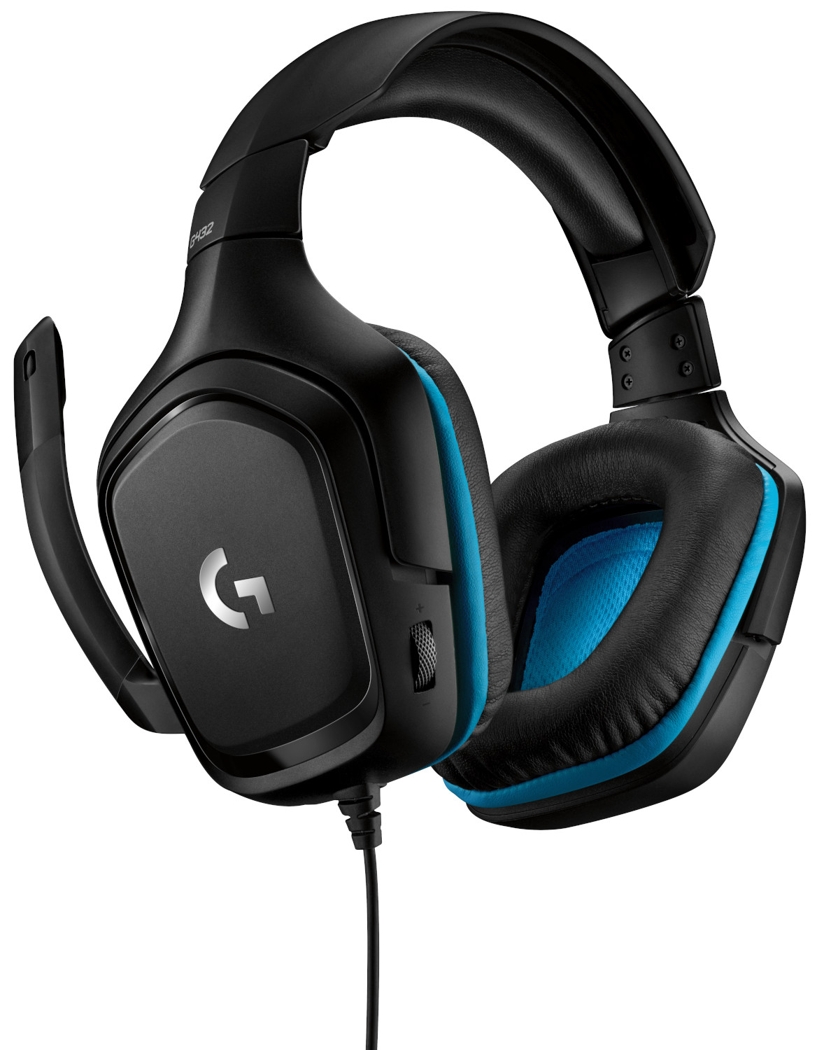 Black and blue Logitech G432 gaming headset. It has a microphone and volume controls.