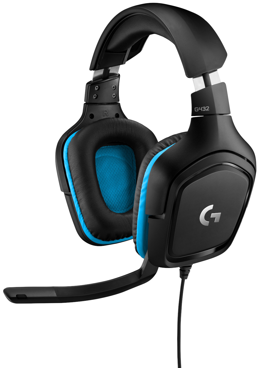 Black and blue gaming headset with a microphone.