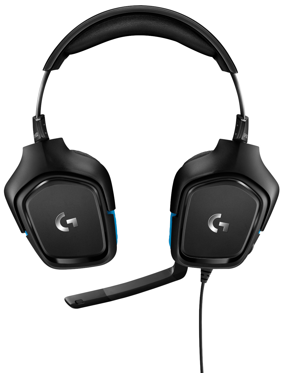 Black and blue gaming headset with a microphone.