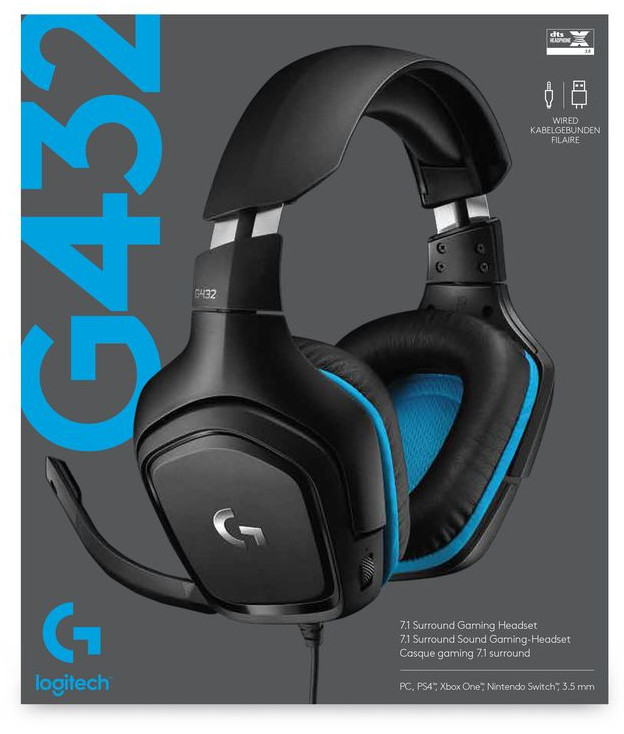 Black and blue gaming headset with logo and text.