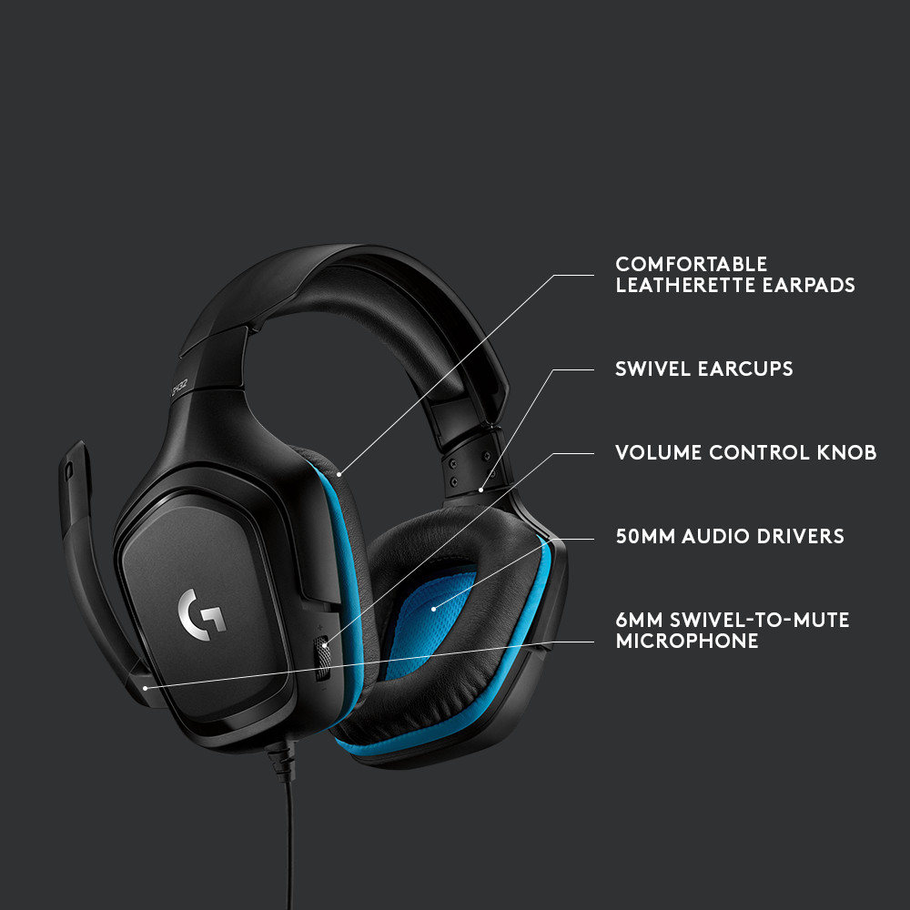 Black and blue gaming headphones with labeled parts: earpads, earcups, microphone, and audio drivers.