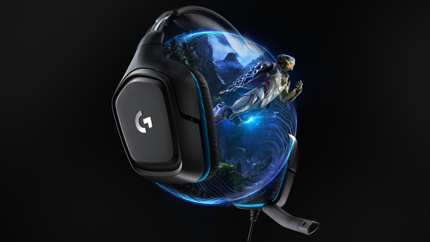 Black and blue gaming headset with a virtual reality scene inside. A character is in the scene.