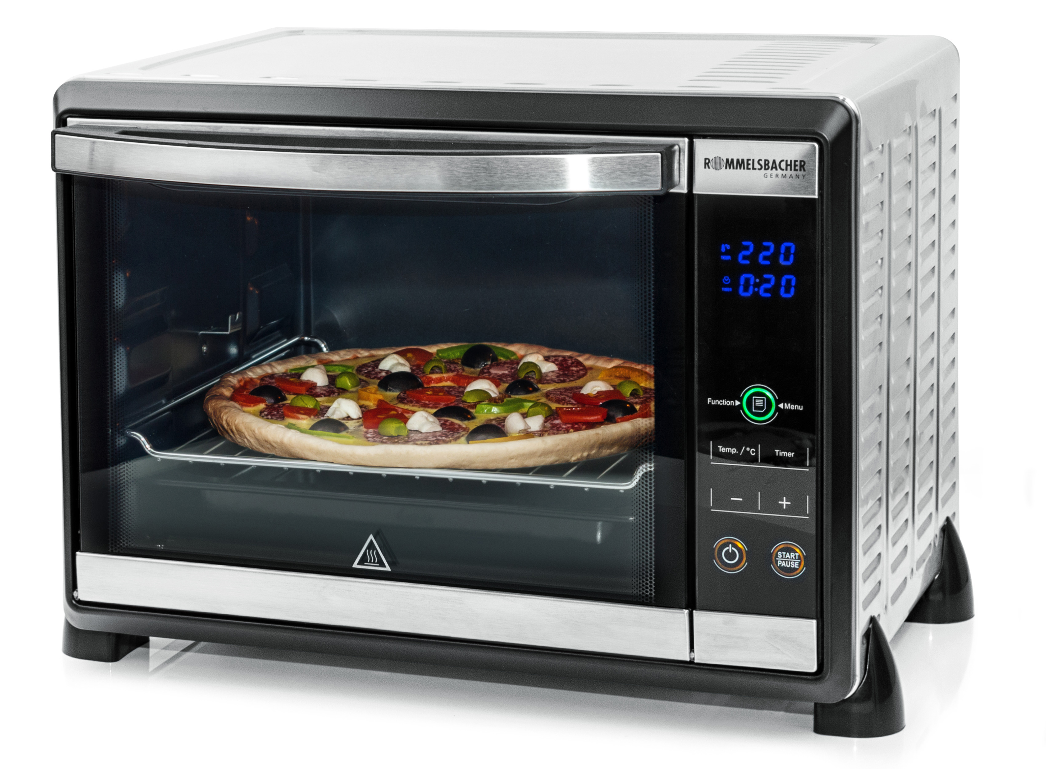 Eine Pizza in einem schwarz-silbernen Ofen mit digitaler Anzeige.