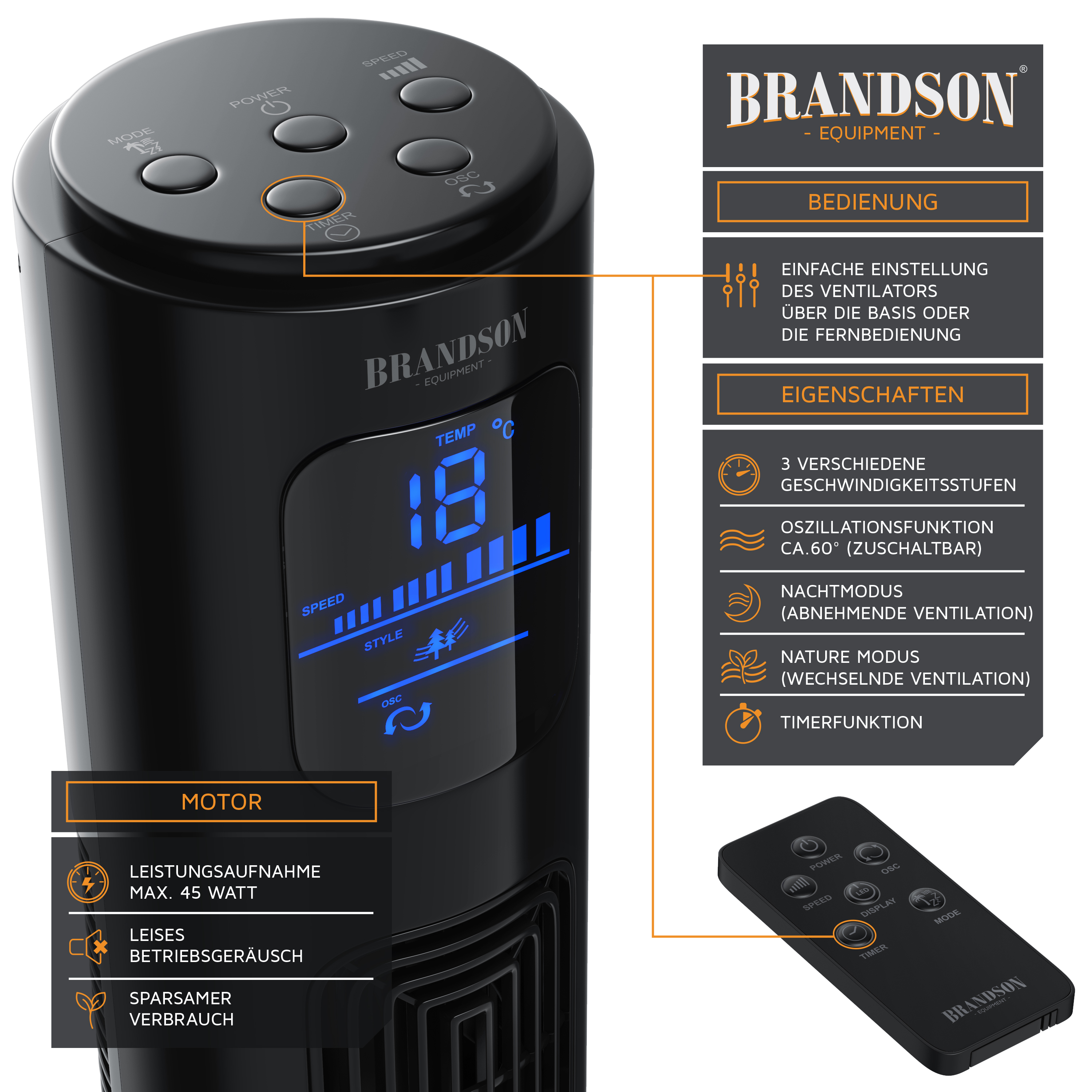 BRANDSON 303086 Turmventilator Schwarz (45 Watt)