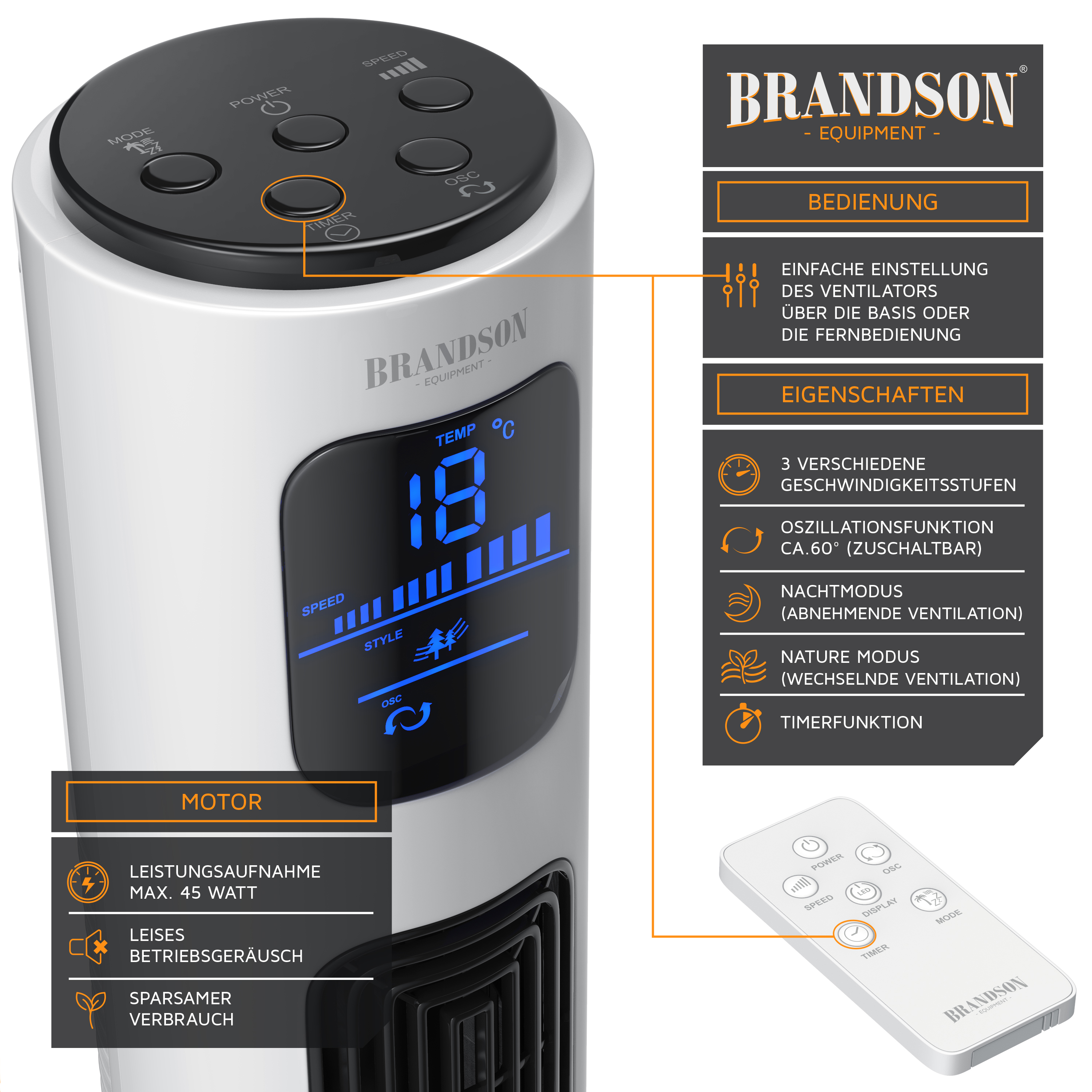 BRANDSON 303087 Turmventilator Weiß (45 Watt)