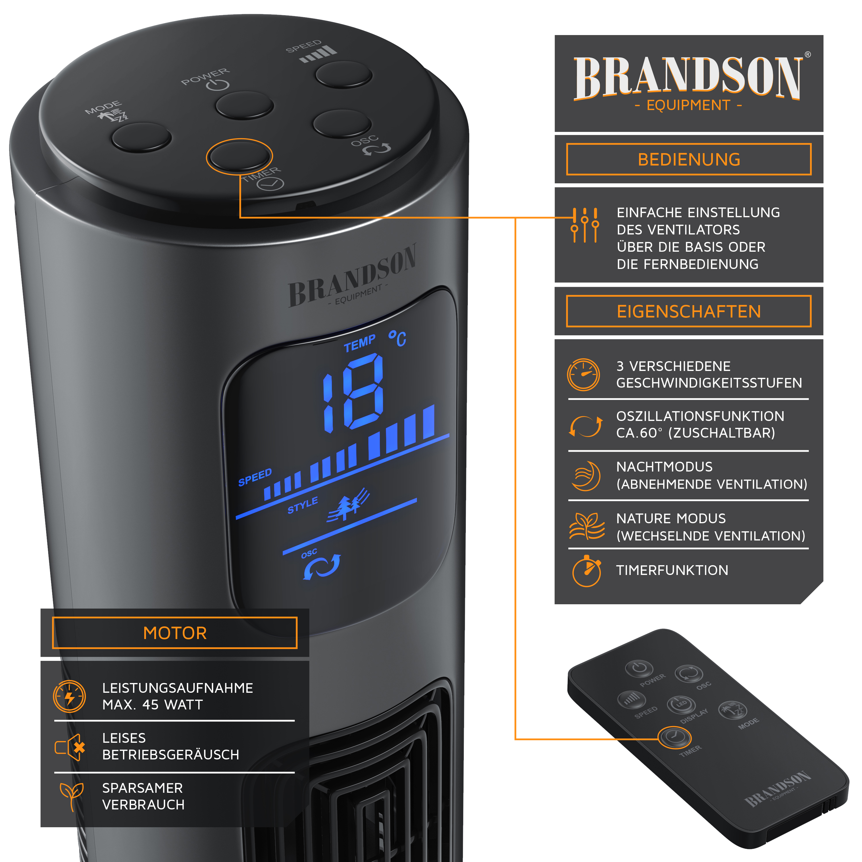 BRANDSON 303143 Turmventilator Grau (45 Watt)