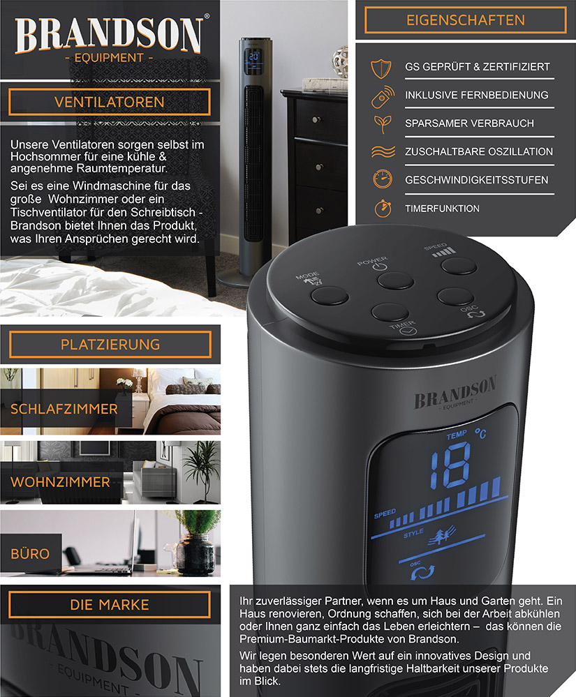 BRANDSON 303143 Turmventilator Grau (45 Watt)