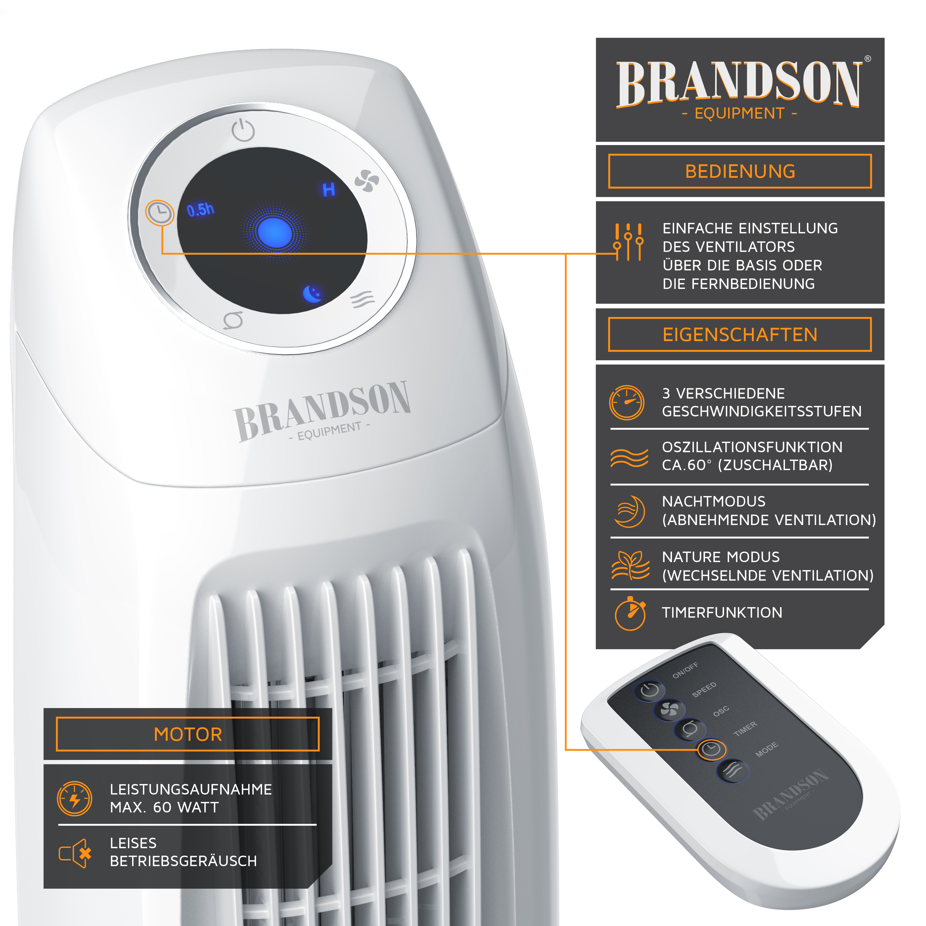 BRANDSON 303053 Turmventilator Weiß (60 Watt)