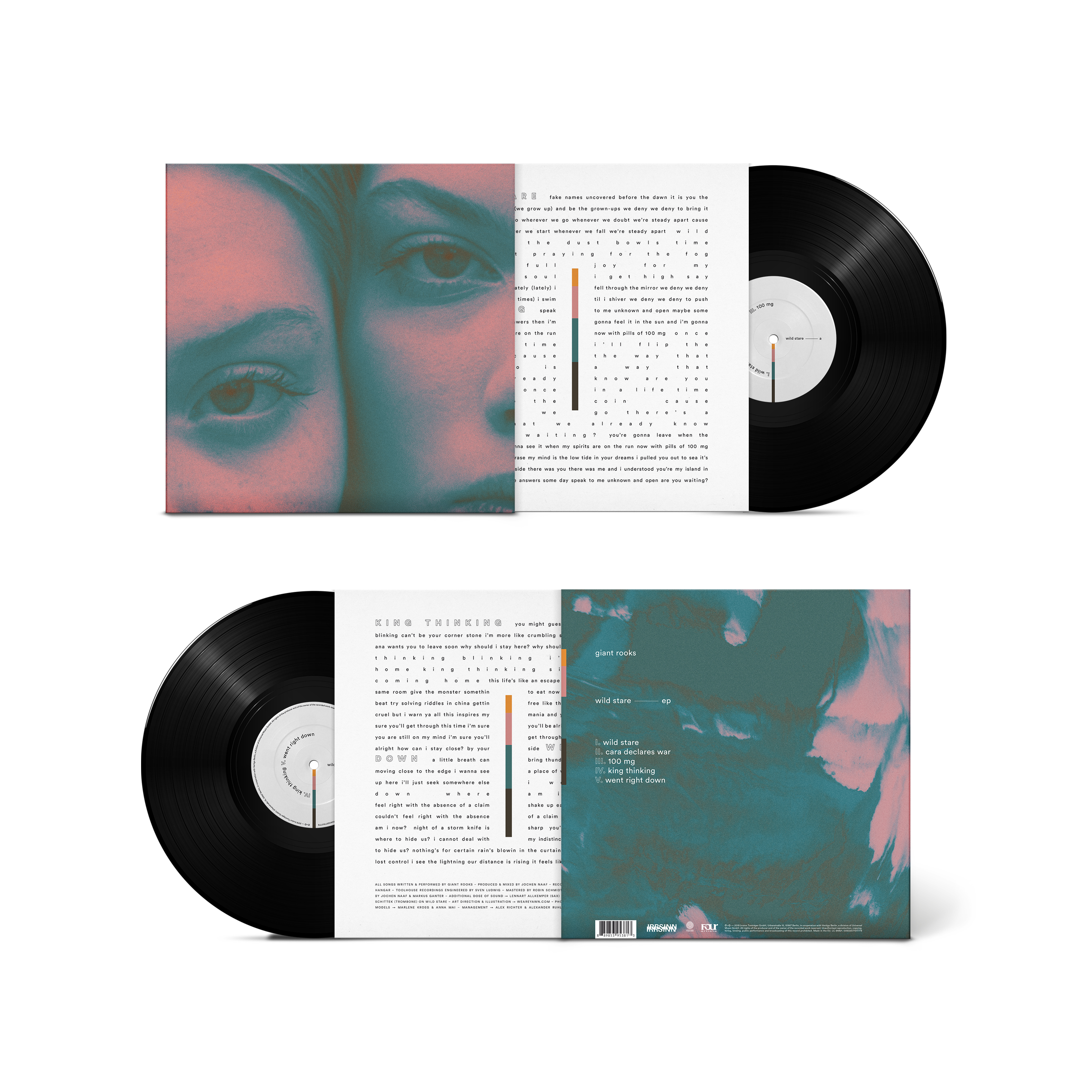 Schallplatten mit Albumcovern, eines mit rosa und blauen Farbtönen.