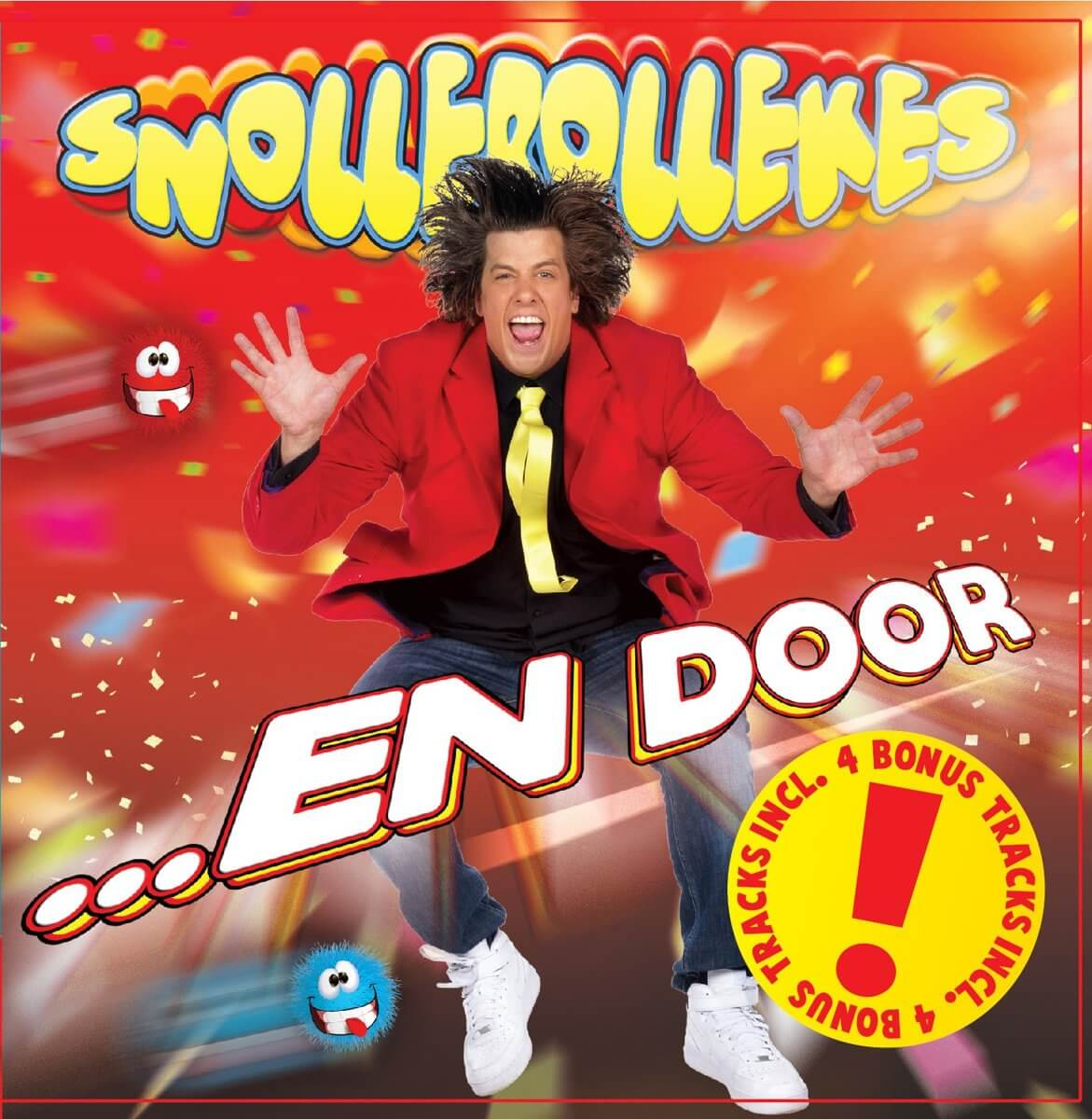 Pochette d'album : Un homme saute d'excitation. Le titre est EN DOOR. Fond coloré.