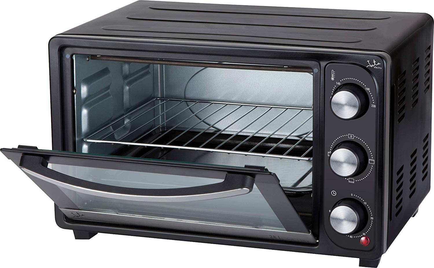 Horno negro con la puerta abierta, mostrando los estantes interiores.