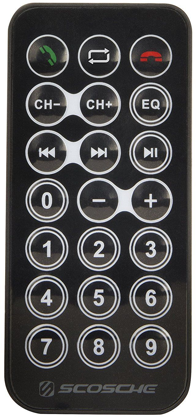 Un telecomando nero con pulsanti multipli, inclusi numeri, volume e controlli canale.
