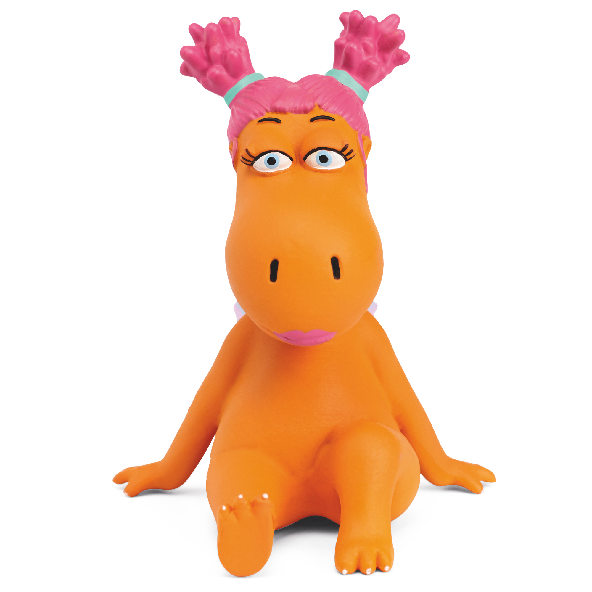 Eine Cartoon-Drachenfigur, orange mit rosa Haaren und Mund. Sie sitzt auf weißem Hintergrund.