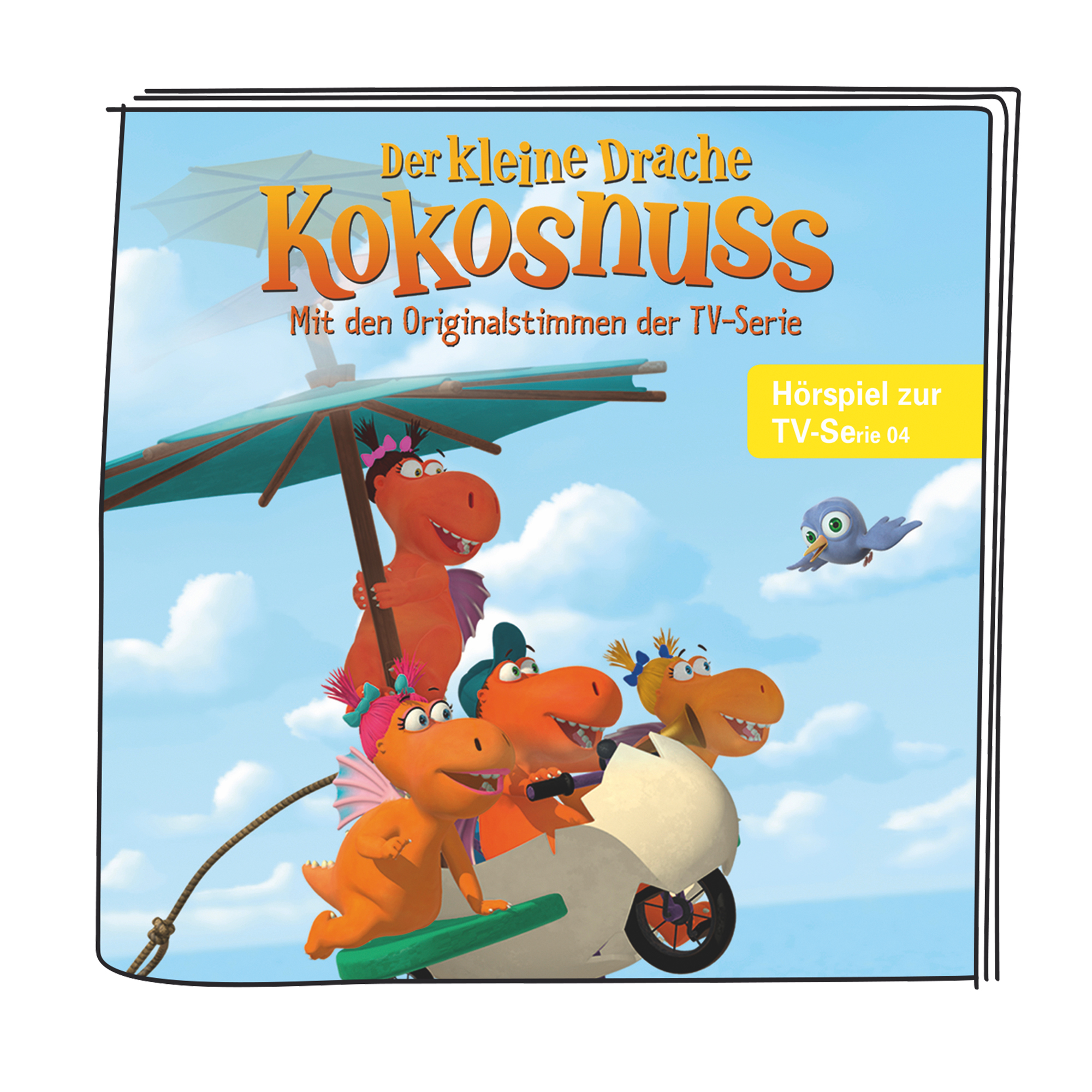 Cartoon-Bild von Drachen auf einem Fahrzeug. Titel: Der kleine Drache Kokosnuss. Ein Vogel fliegt am Himmel.