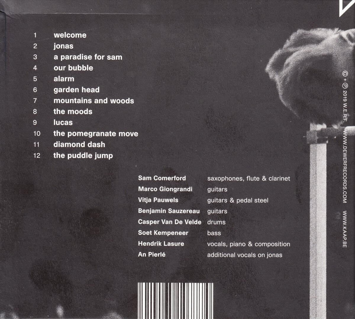 Le dos d'un album avec la liste des titres, les noms des musiciens et le logo 2019 W.E.R.F..