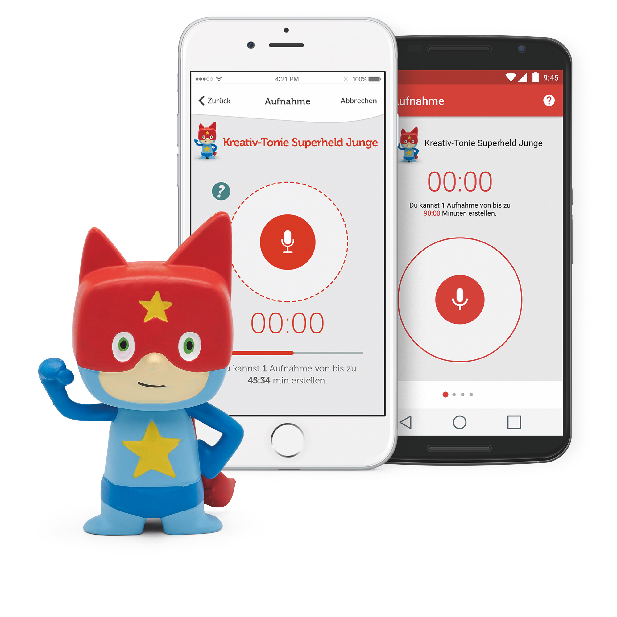 Superhelden-Spielzeug und zwei Smartphones mit App-Oberfläche.
