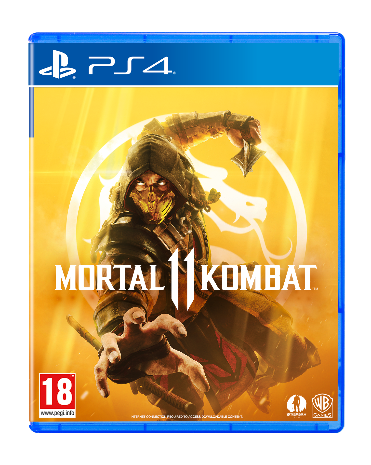 PS4 game cover van Mortal Kombat 11. Scorpion in een capuchon, gele achtergrond.