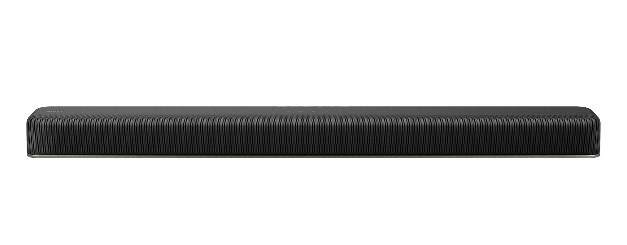 Eine schwarze Soundbar auf schwarzem Hintergrund mit silberner Zierleiste.