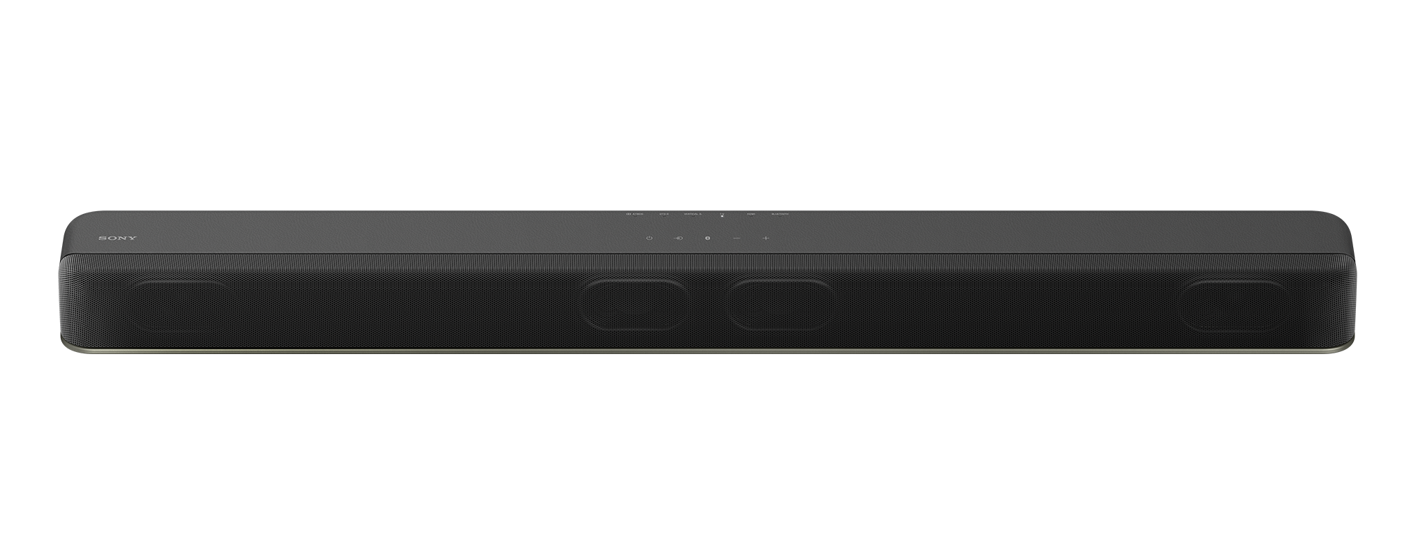 Eine schwarze Sony Soundbar auf schwarzem Hintergrund. Sie hat einen metallischen Streifen unten, mit Lautsprecheröffnungen.