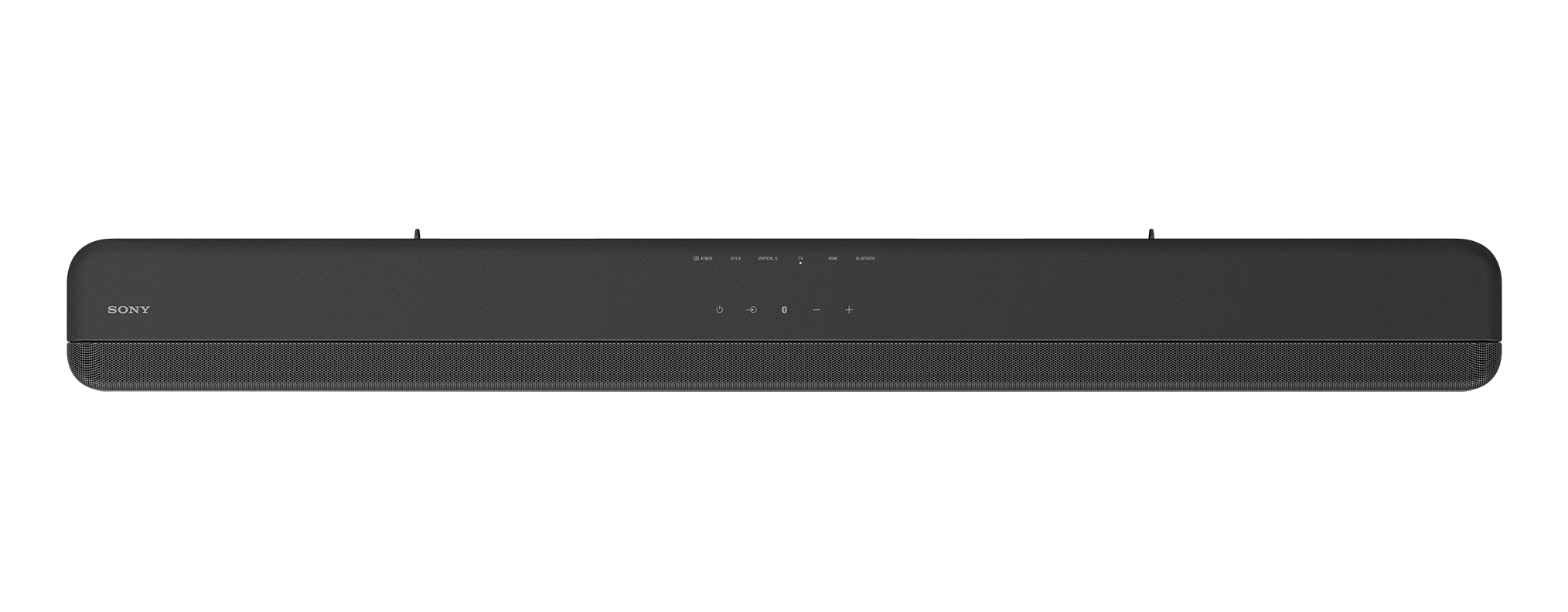 Schwarze Soundbar mit Knöpfen und Lautsprechergrill. Die Marke "SONY" ist sichtbar.