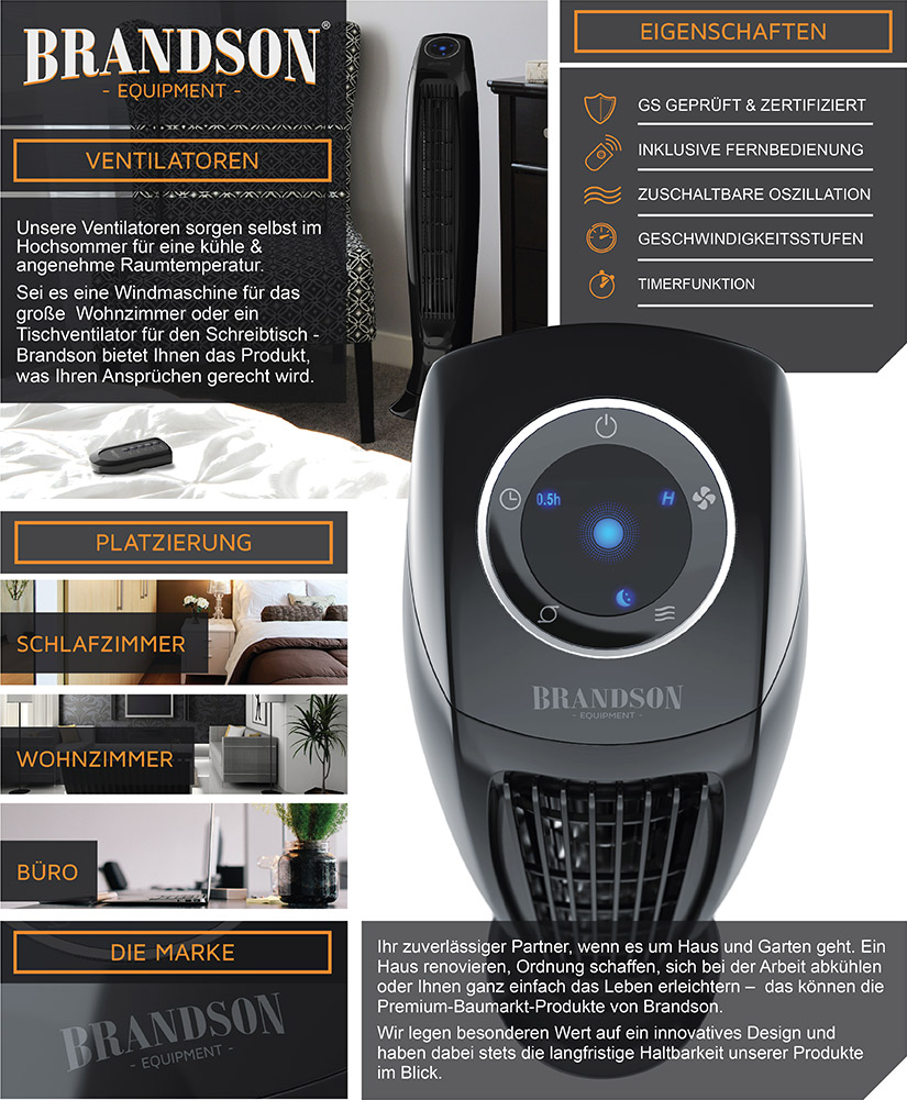 BRANDSON 303054 Turmventilator Schwarz (60 Watt)