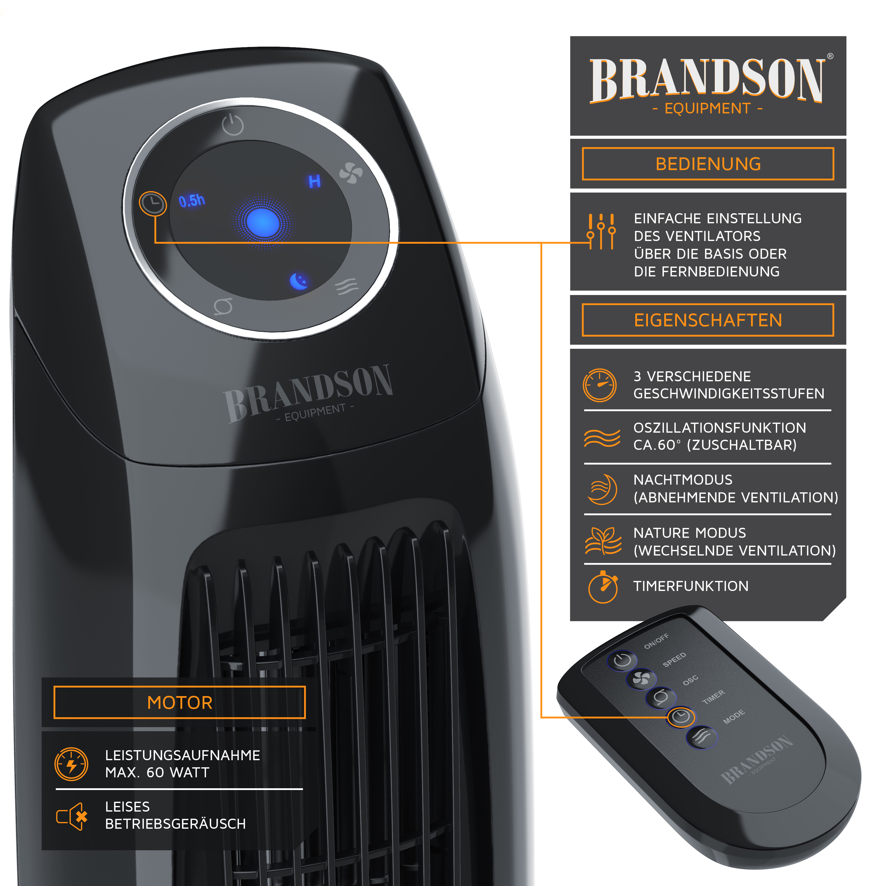 BRANDSON 303054 Turmventilator Schwarz (60 Watt)