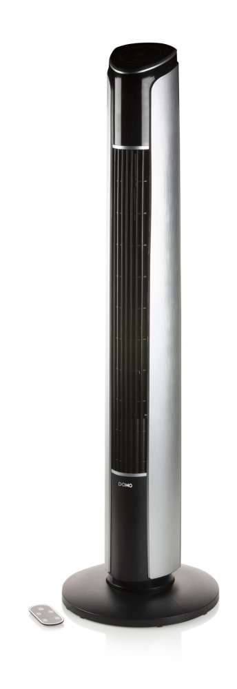 A tall silver tower fan with a black top and base, and a remote control.