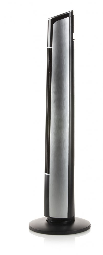 A tall, slender tower fan with a silver and black design, standing on a black base against white.