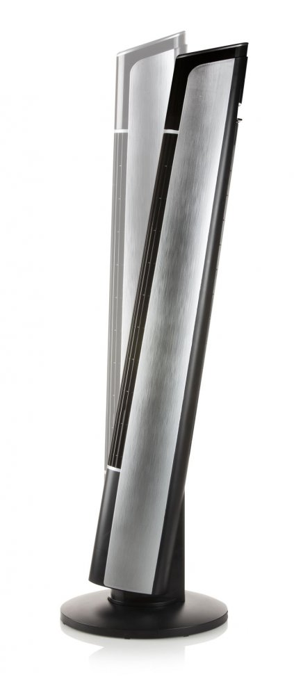 Two tall, black and silver speakers.