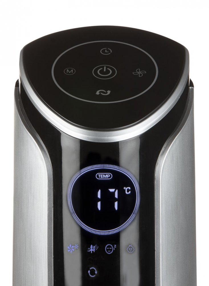 A black and silver tower fan with a digital display showing the temperature.