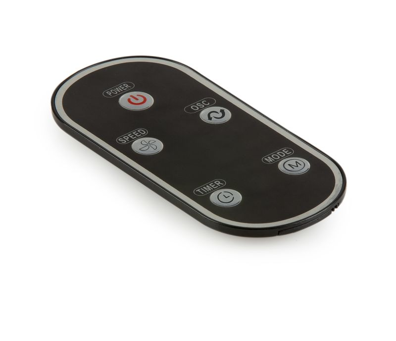Black remote control with buttons labeled Power, Speed, OSC, Mode, Timer.