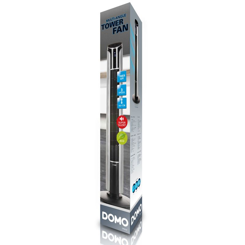 A tall black and silver tower fan with text and icons on the box.