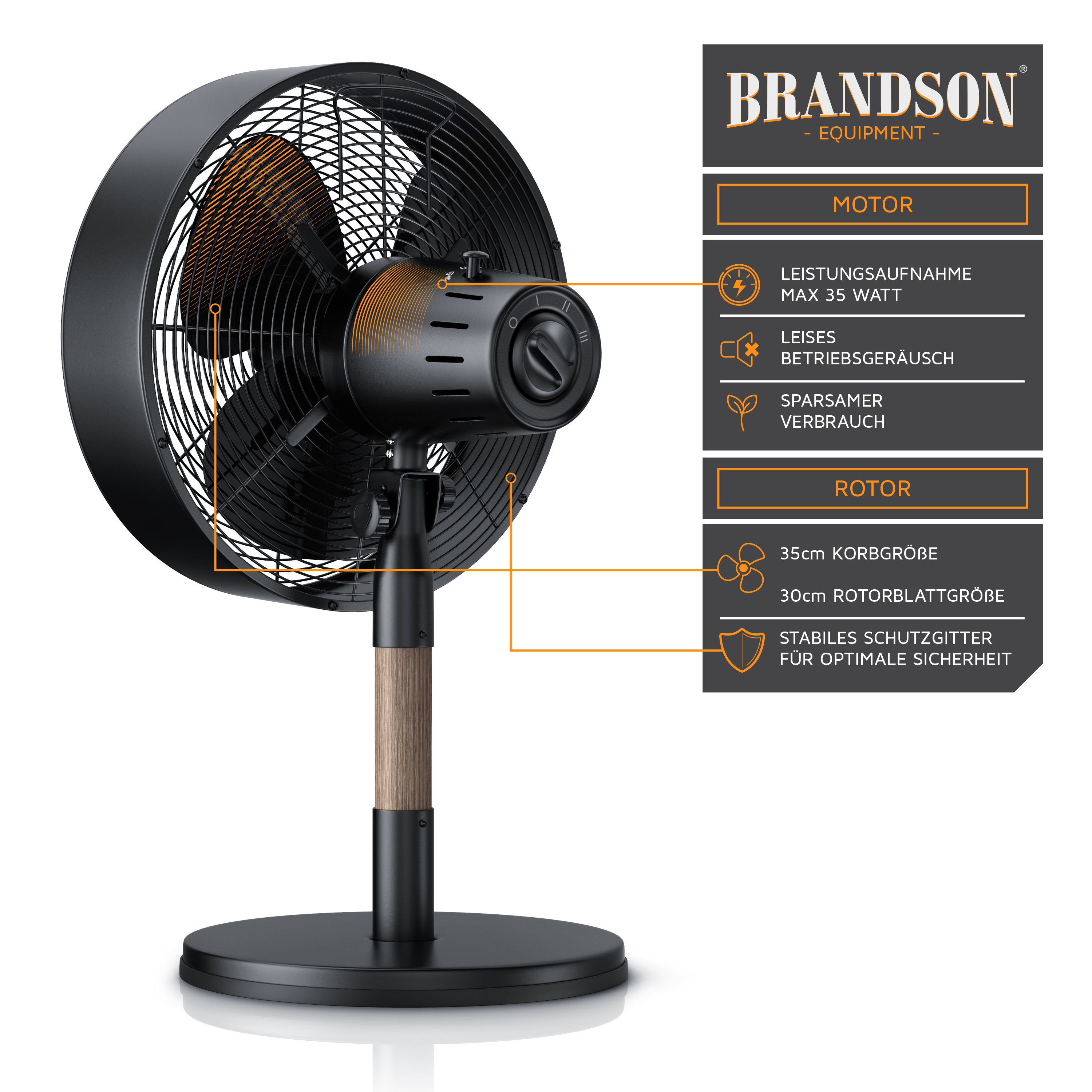 BRANDSON 303055 Design Tischventilator Schwarz/Braun (35 Watt)