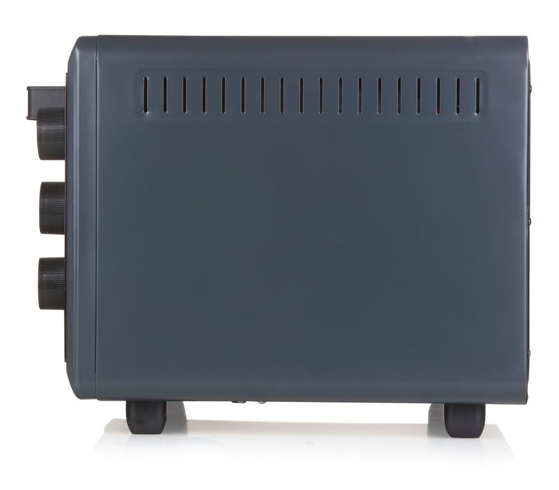 Side view of a dark gray toaster oven, isolated on a white background. 