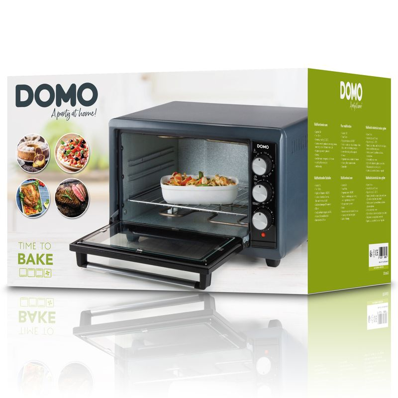 A DOMO oven on a white background, with food inside and on the box. Text: Time to Bake!