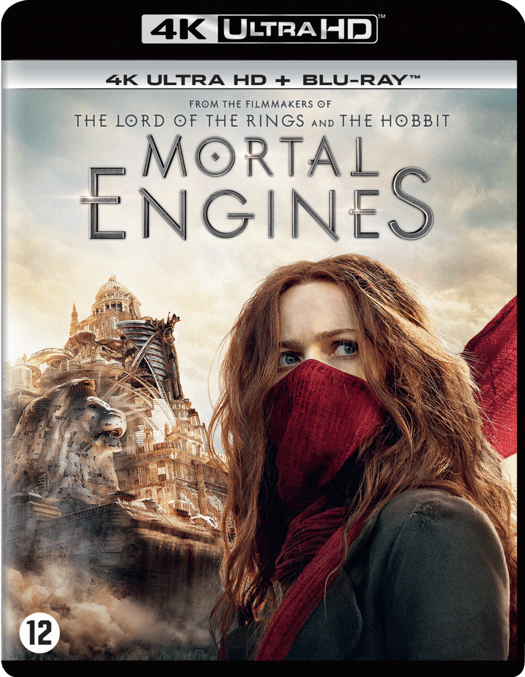 Couverture du film Mortal Engines en format 4K Ultra HD et Blu-ray, avec une femme devant.