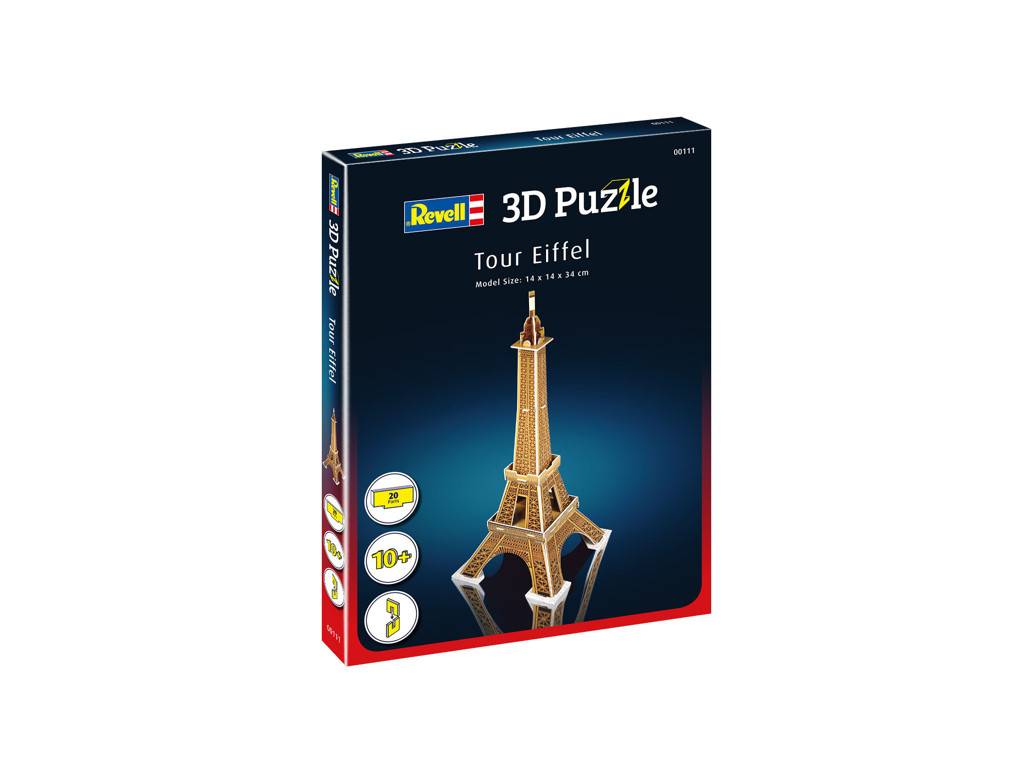 Eine 3D-Puzzle-Box des Eiffelturms auf weißem Hintergrund.