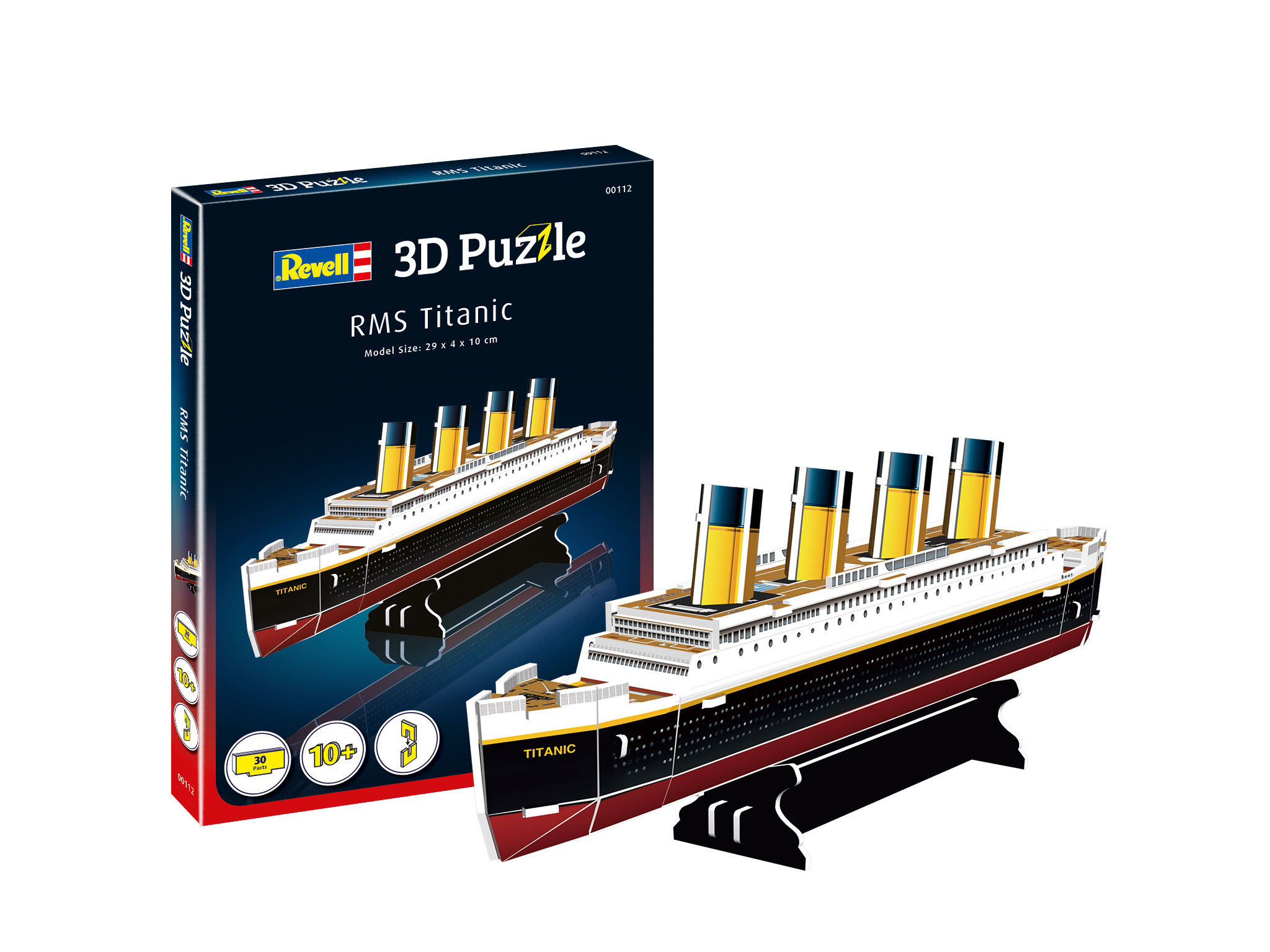 Eine 3D-Puzzle-Box und ein zusammengebautes Modell des Titanic-Schiffs.