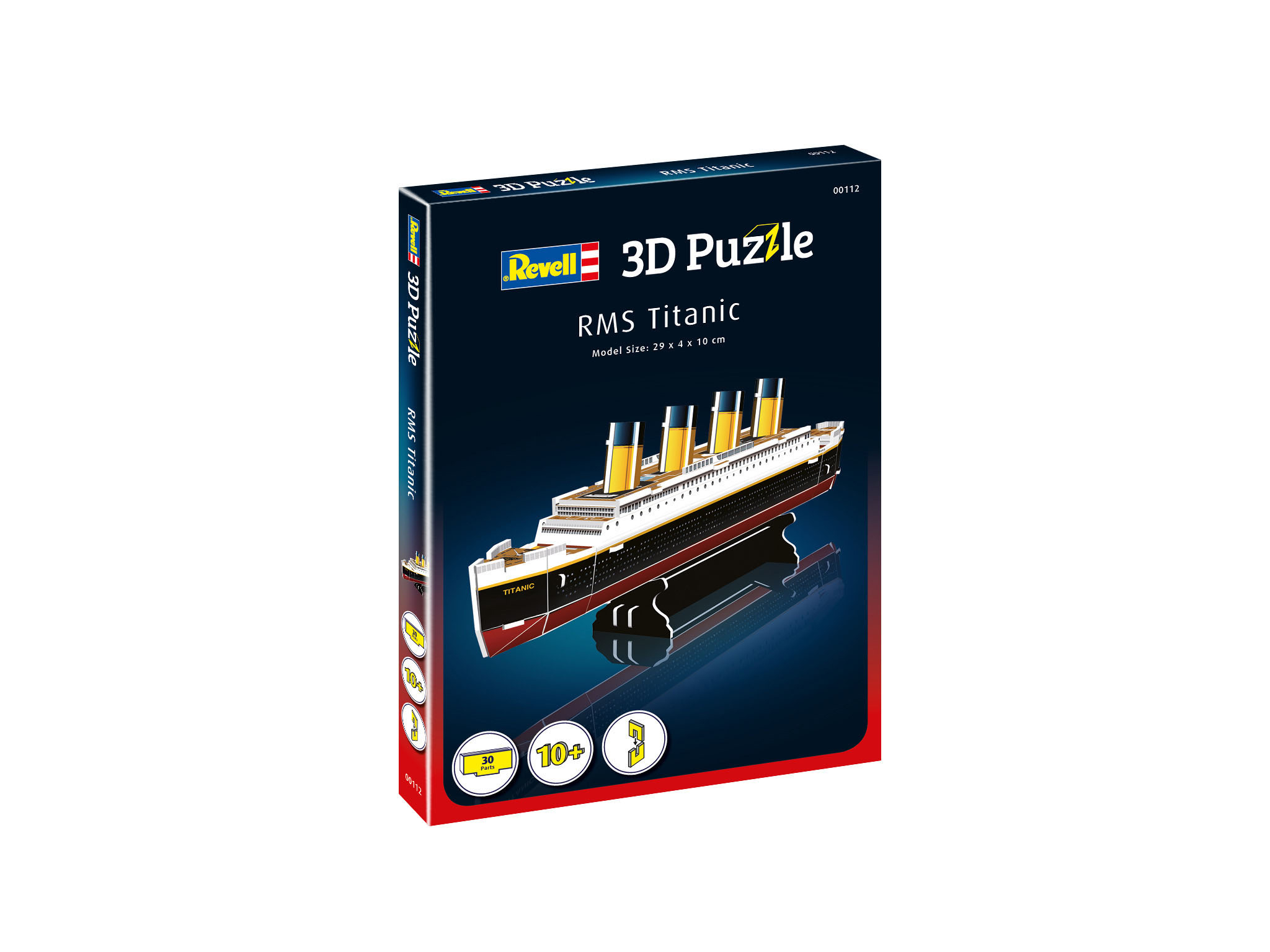 Eine 3D-Puzzle-Box des Titanic-Schiffs. Die Box zeigt das Schiff und Details zum Puzzle.