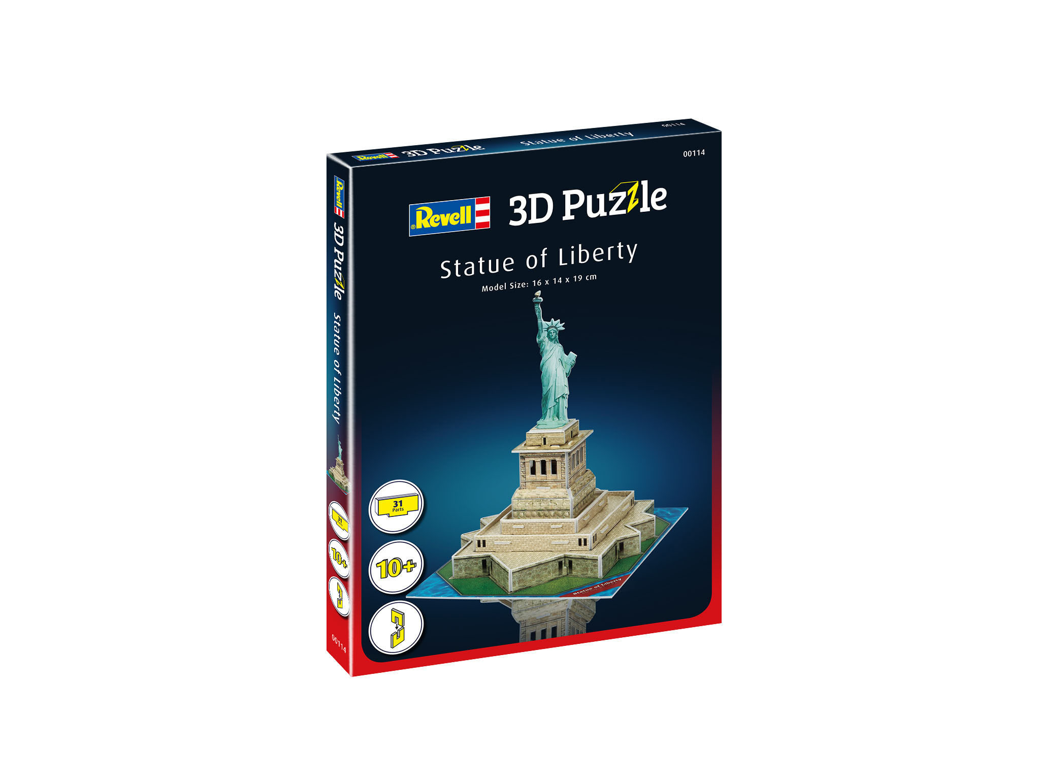 Schachtel eines 3D-Puzzles der Freiheitsstatue. Die Schachtel zeigt das Standbild, das Revell-Logo und die Aufschrift '3D Puzzle'.