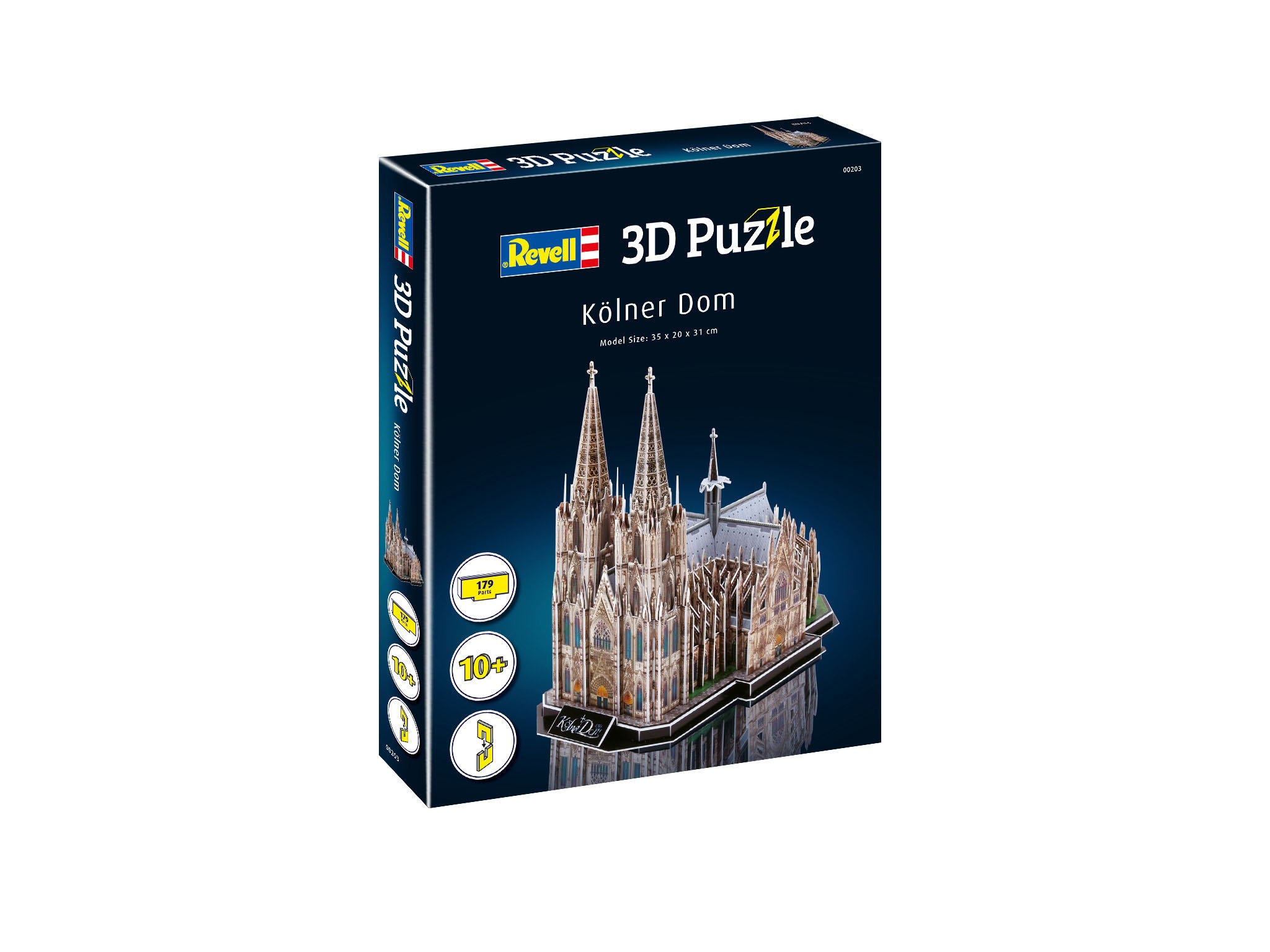 Eine 3D-Puzzleschachtel des Kölner Doms. Die Schachtel hat ein Bild des Puzzles.