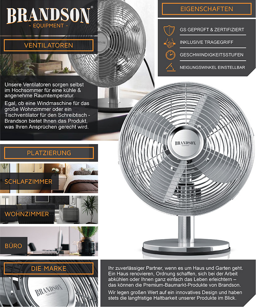 BRANDSON 303056 Tischventilator Silber (30 Watt)