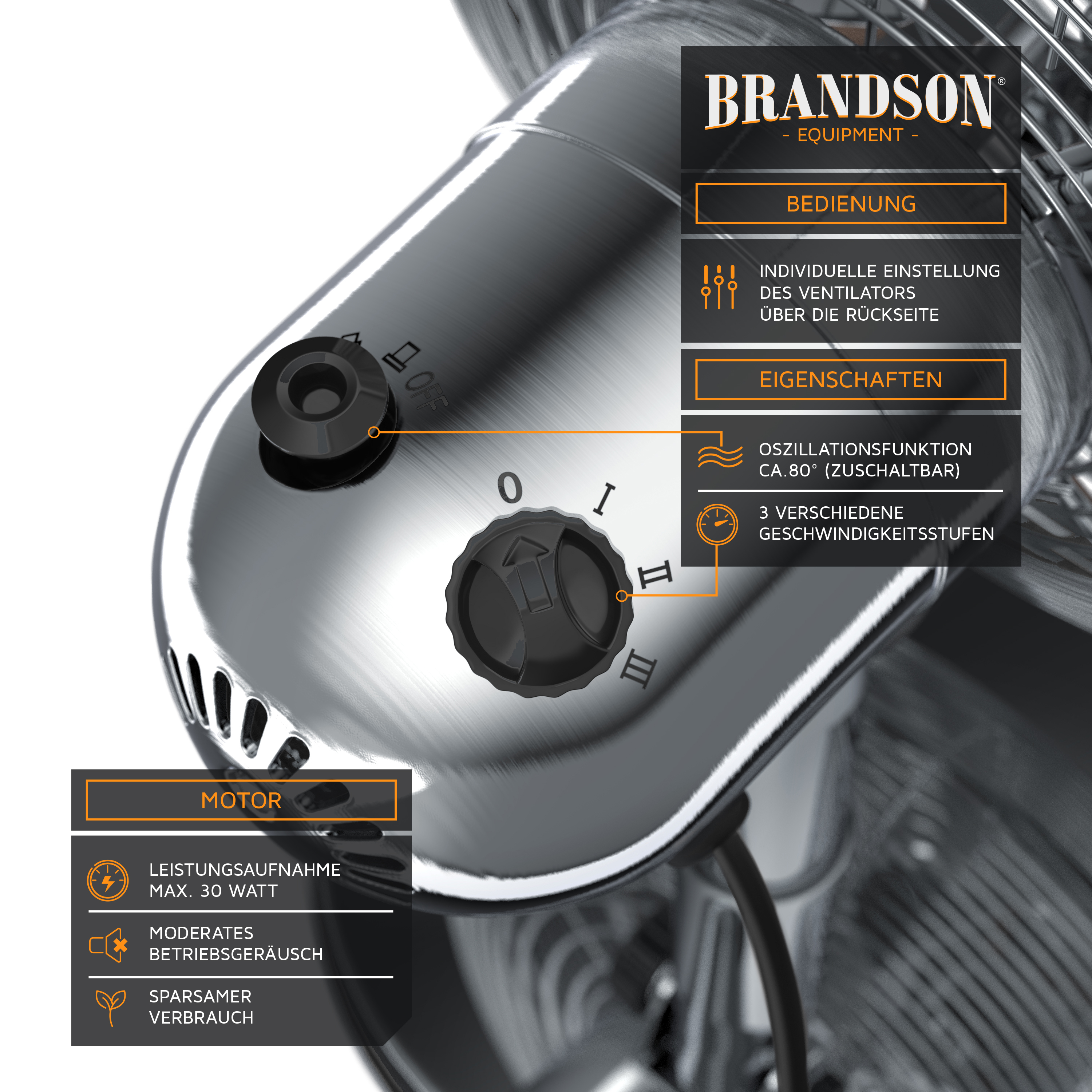 BRANDSON 303056 Tischventilator Silber (30 Watt)