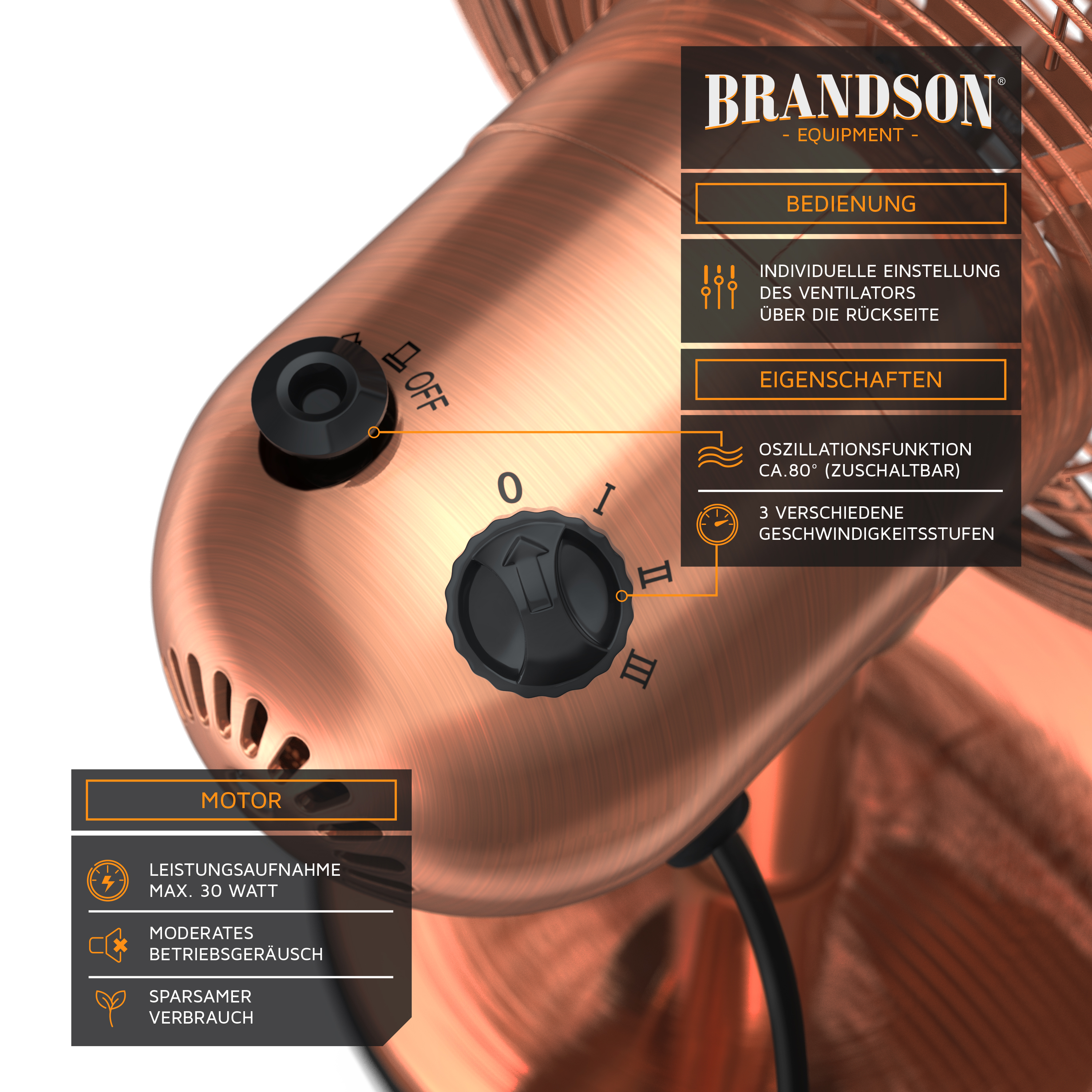BRANDSON 303057 Tischventilator Kupfer (30 Watt)